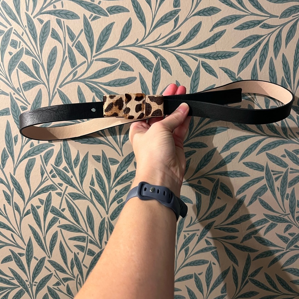 Cole Haan Black Leather Belt with Leopard Accent